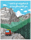 Adventure card with red sprinter van with canoe driving through the mountains.  Going To the Sun Road in Glacier National Park. Outdoor and travel greeting card.