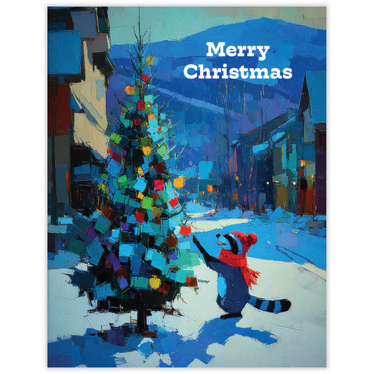 Raccoon on Main Street - Recycled Christmas Card