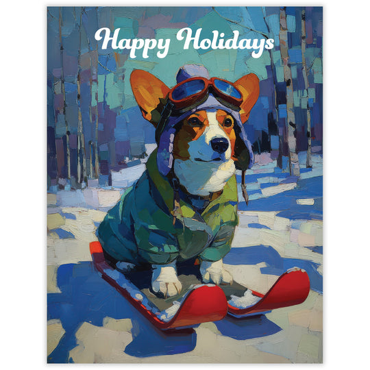 Corgi Sledding - Recycled Holiday Card for Dog Lovers