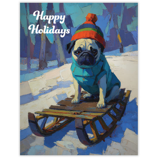 Pug Sledding - Recycled Holiday Card for Dog Lovers
