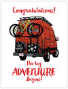 Congratulations wedding card with red sprinter van and 2 bikes on rack. Romantic camping and adventure greeting card.
