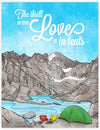 Romantic card with a campsite by a lake. Rocky Mountain National Park. Valentines Day Anniversary greeting card.
