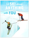 Adventurous card with skiers skiing a steep slope. Black Diamond skiing greeting card.